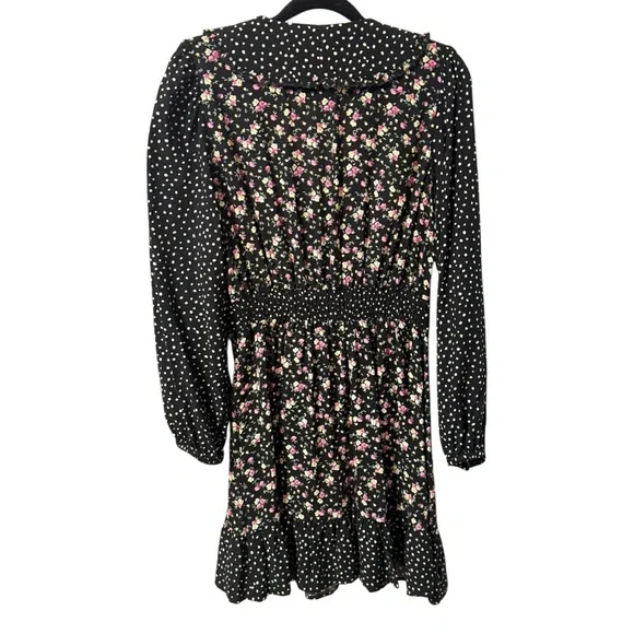 Zara Black Floral and Spotty Long Sleeve Tea Dress Mini Dress Contrast Print S - Picture 6 of 9